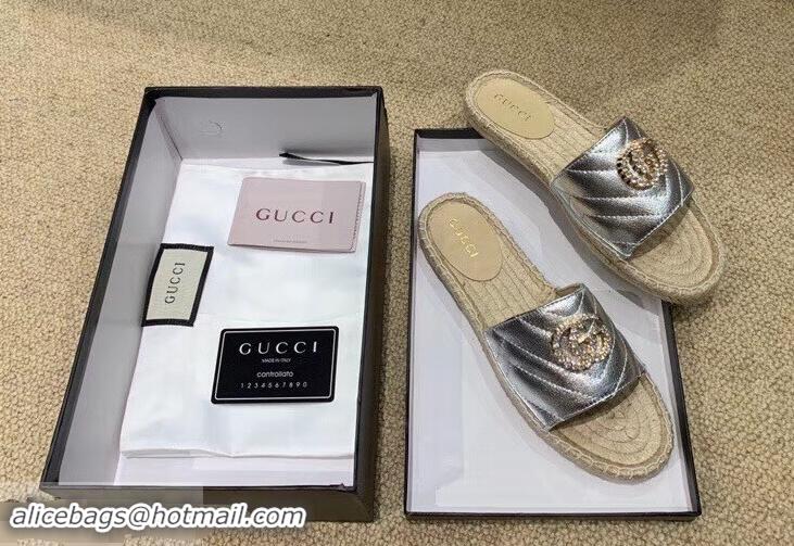 Low Price Gucci Glitter Espadrilles Slides Sandals G96309 Silver With Crystal Double G 2019