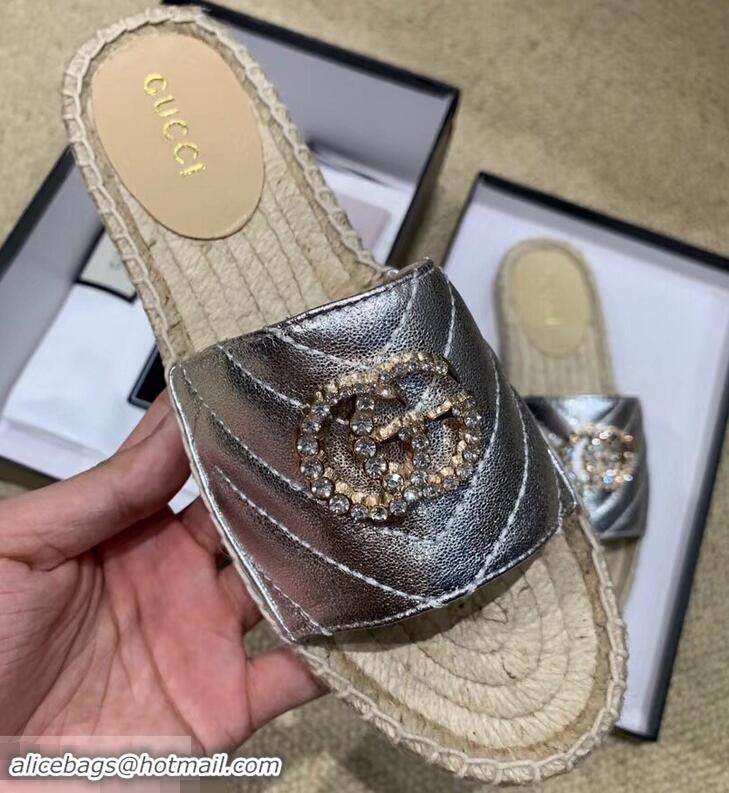 Low Price Gucci Glitter Espadrilles Slides Sandals G96309 Silver With Crystal Double G 2019