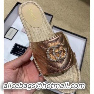 Top Quality Gucci Glitter Espadrilles Slides Sandals G96309 Pink Gold With Crystal Double G 2019