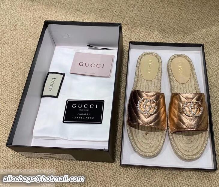 Top Quality Gucci Glitter Espadrilles Slides Sandals G96309 Pink Gold With Crystal Double G 2019