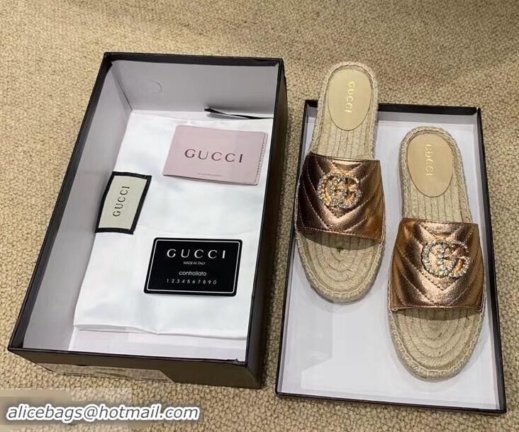 Top Quality Gucci Glitter Espadrilles Slides Sandals G96309 Pink Gold With Crystal Double G 2019