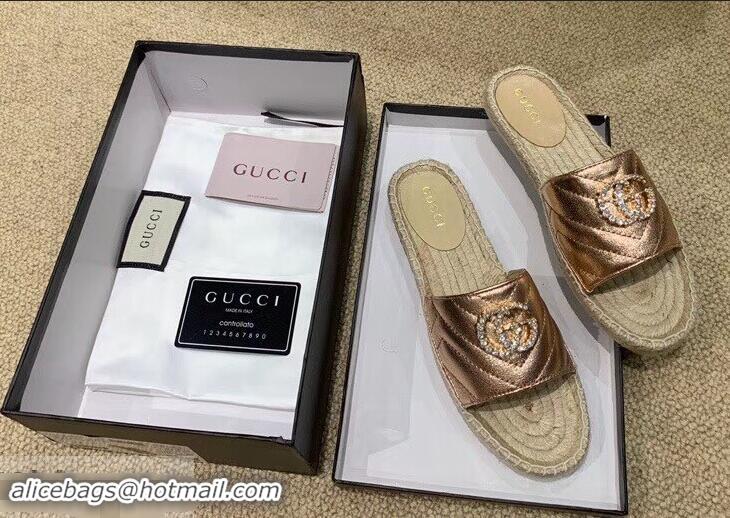 Top Quality Gucci Glitter Espadrilles Slides Sandals G96309 Pink Gold With Crystal Double G 2019