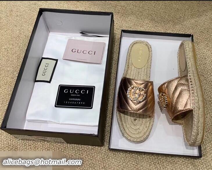 Top Quality Gucci Glitter Espadrilles Slides Sandals G96309 Pink Gold With Crystal Double G 2019