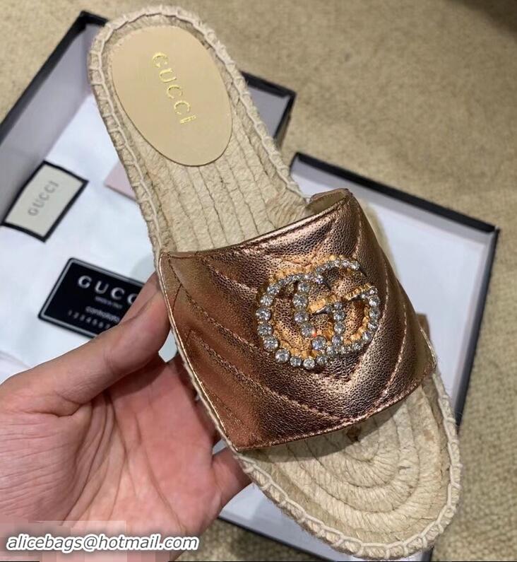 Top Quality Gucci Glitter Espadrilles Slides Sandals G96309 Pink Gold With Crystal Double G 2019