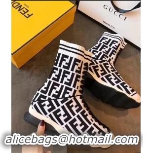 Cheapest Fendi FF Logo Fabric Knit Sock Ankle Boots F89829 Black/White