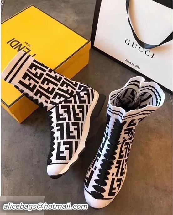 Cheapest Fendi FF Logo Fabric Knit Sock Ankle Boots F89829 Black/White