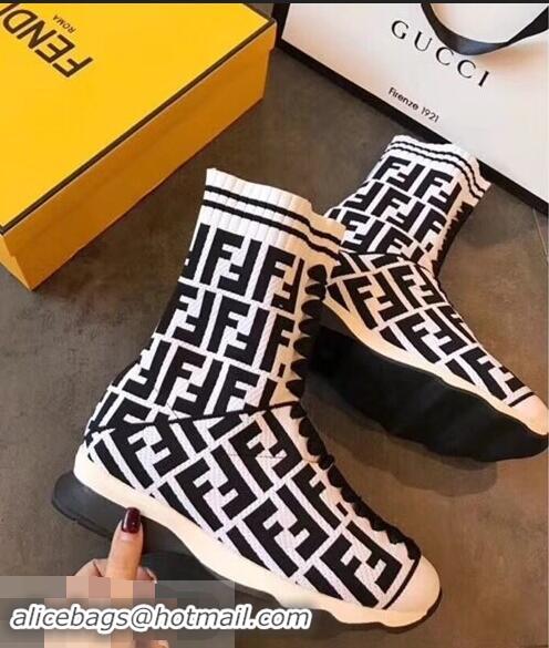 Cheapest Fendi FF Logo Fabric Knit Sock Ankle Boots F89829 Black/White