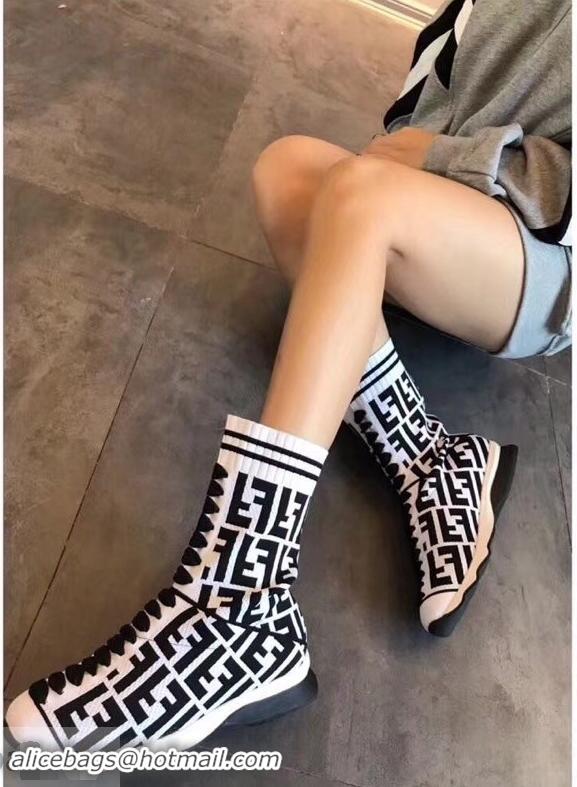 Cheapest Fendi FF Logo Fabric Knit Sock Ankle Boots F89829 Black/White