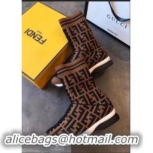 Discount Fendi FF Logo Fabric Knit Sock Ankle Boots F89829 Black/Brown