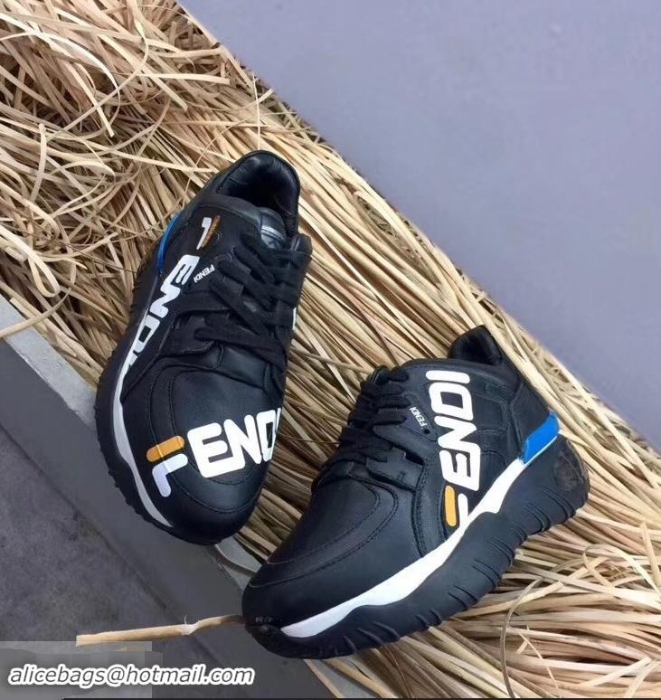 Best Quality Fendi Leather Mania Print Applique Lace-up Sneakers F81108 Black