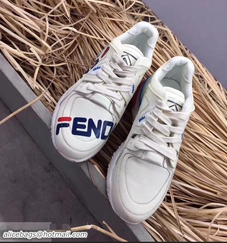 Imitation Fendi Leather Mania Print Applique Lace-up Sneakers F81108 White