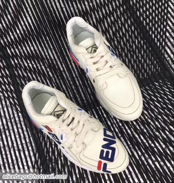 Imitation Fendi Leather Mania Print Applique Lace-up Sneakers F81108 White