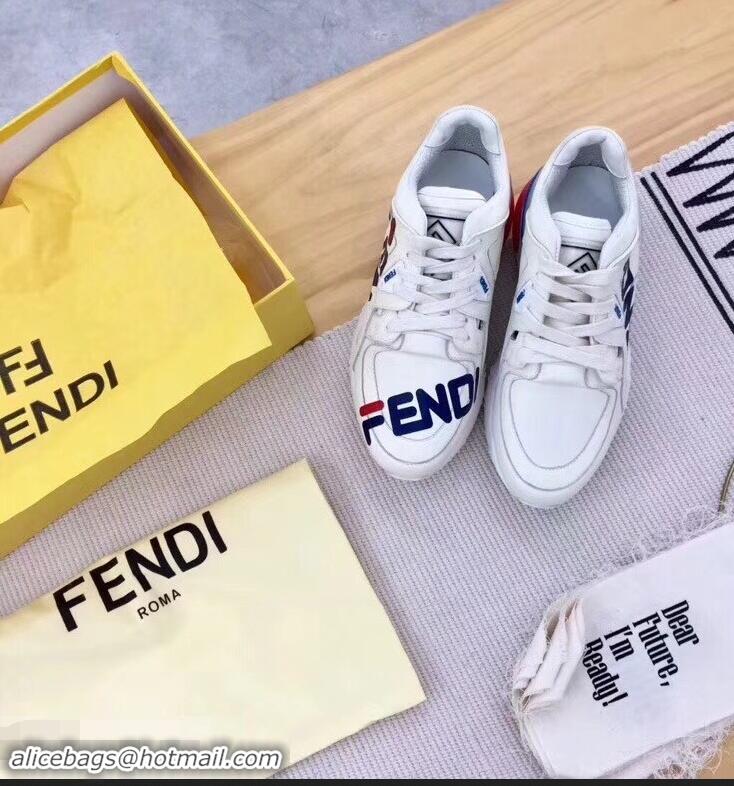 Imitation Fendi Leather Mania Print Applique Lace-up Sneakers F81108 White