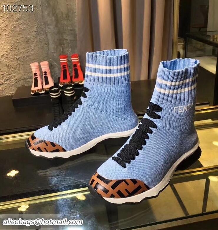 Discount Fendi FF Fabric Mid-top Sneakers Boots F82401 Sky Blue