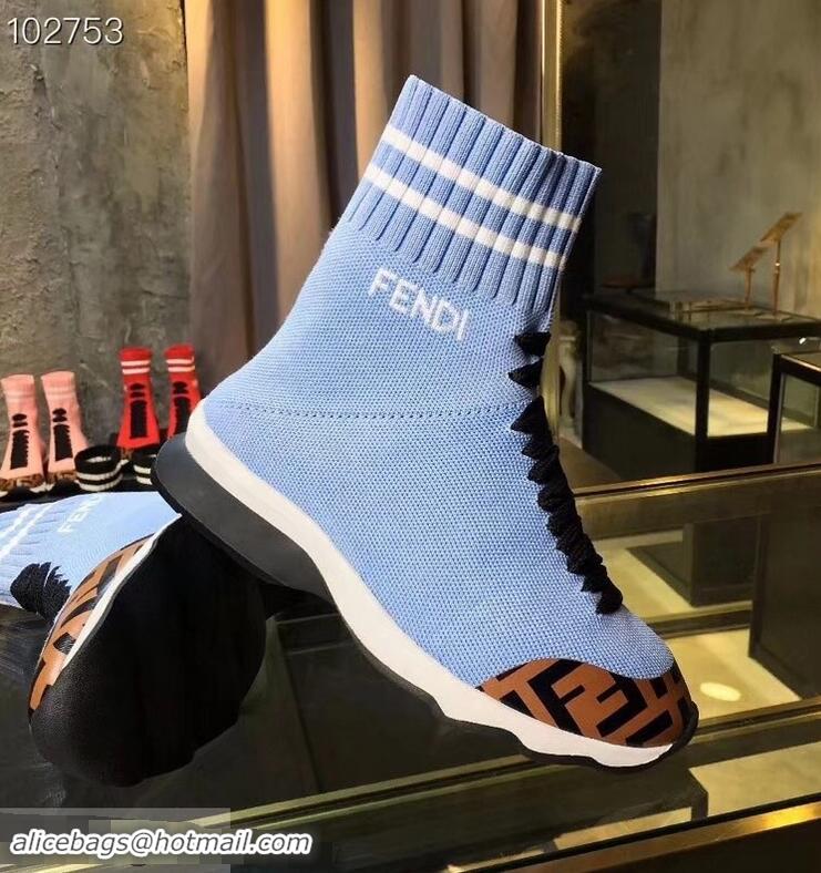 Discount Fendi FF Fabric Mid-top Sneakers Boots F82401 Sky Blue