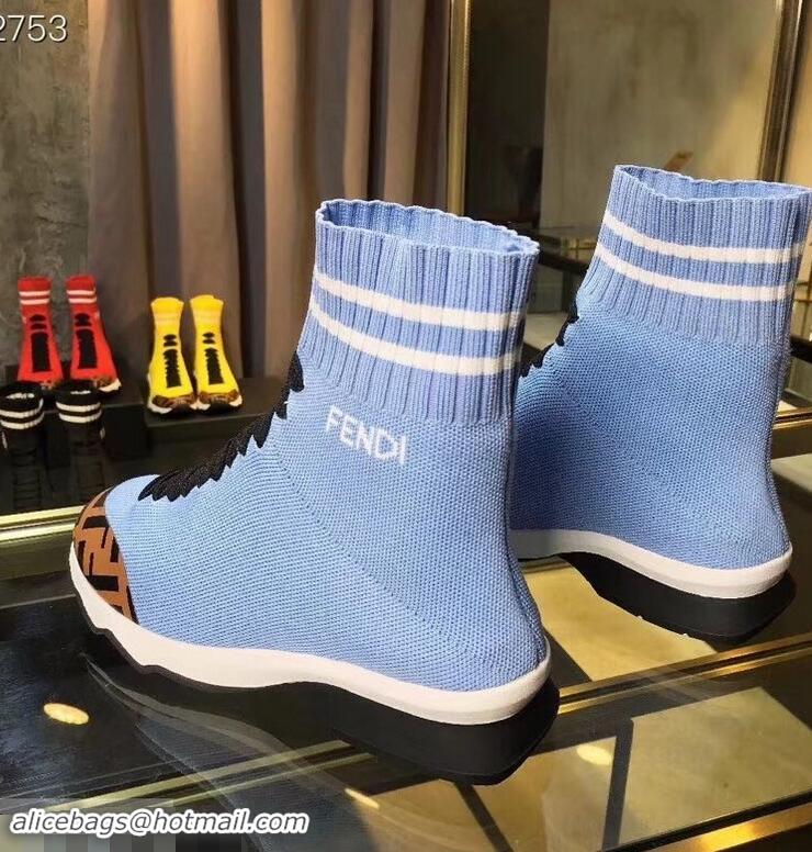 Discount Fendi FF Fabric Mid-top Sneakers Boots F82401 Sky Blue