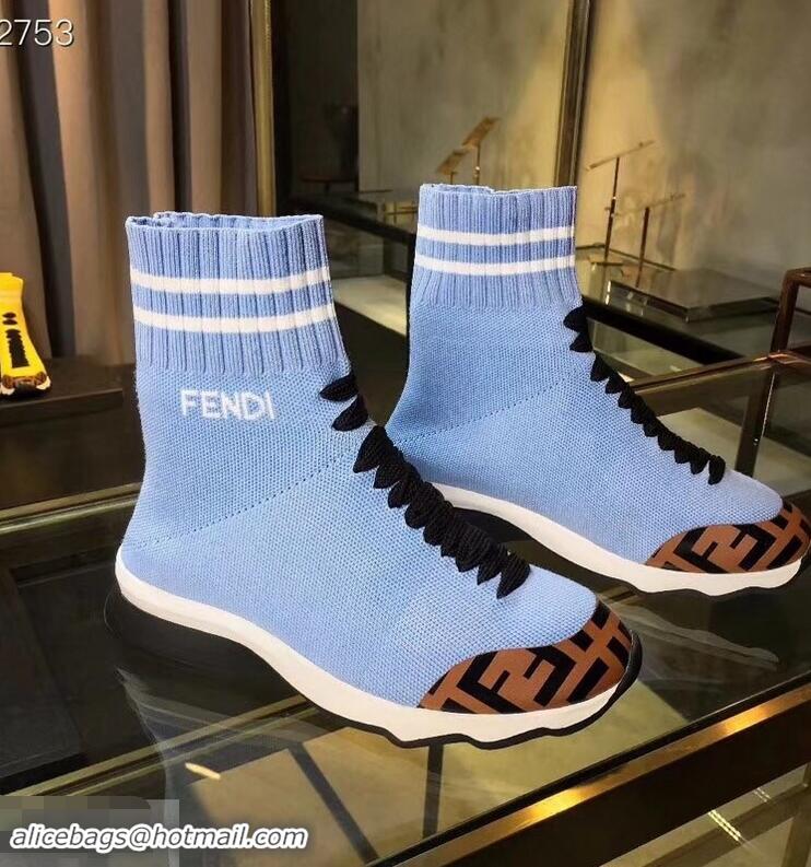 Discount Fendi FF Fabric Mid-top Sneakers Boots F82401 Sky Blue