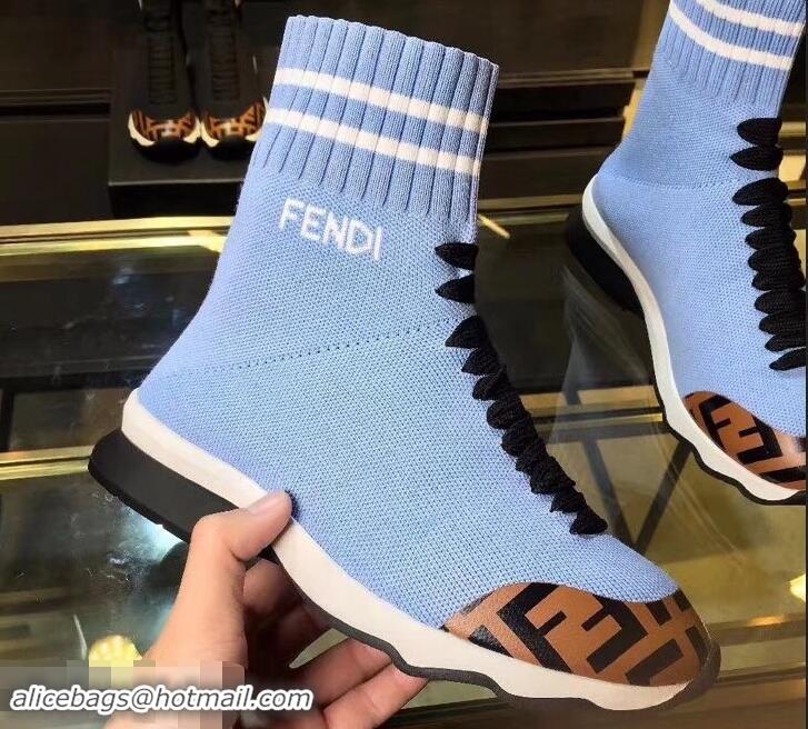 Discount Fendi FF Fabric Mid-top Sneakers Boots F82401 Sky Blue