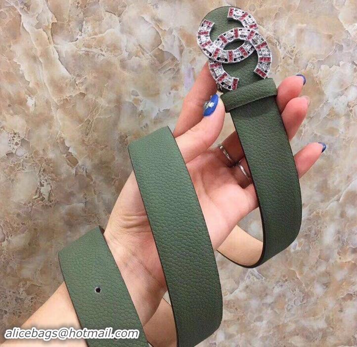 Grade Chanel CC Crystal Width 3cm Belt 550163 Dark Green 2019