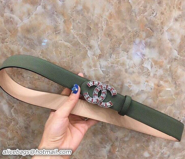 Grade Chanel CC Crystal Width 3cm Belt 550163 Dark Green 2019