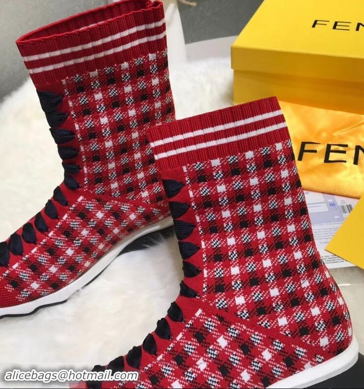 Fashion Show Collection Fendi Multicolour Fabric Sneakers Boots F80201 Grid Red