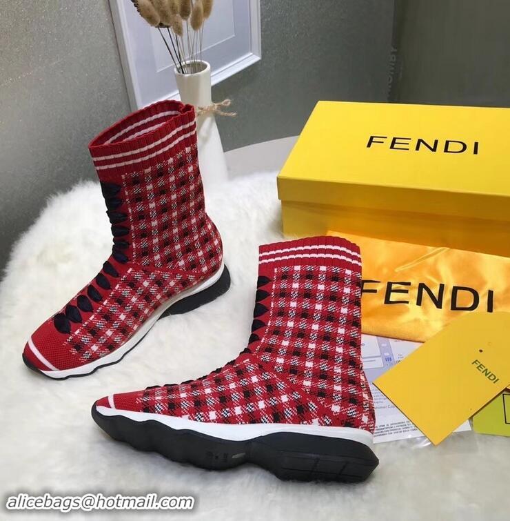 Fashion Show Collection Fendi Multicolour Fabric Sneakers Boots F80201 Grid Red