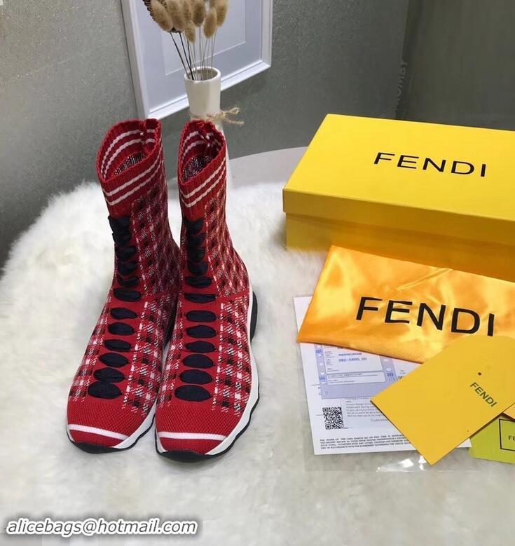 Fashion Show Collection Fendi Multicolour Fabric Sneakers Boots F80201 Grid Red