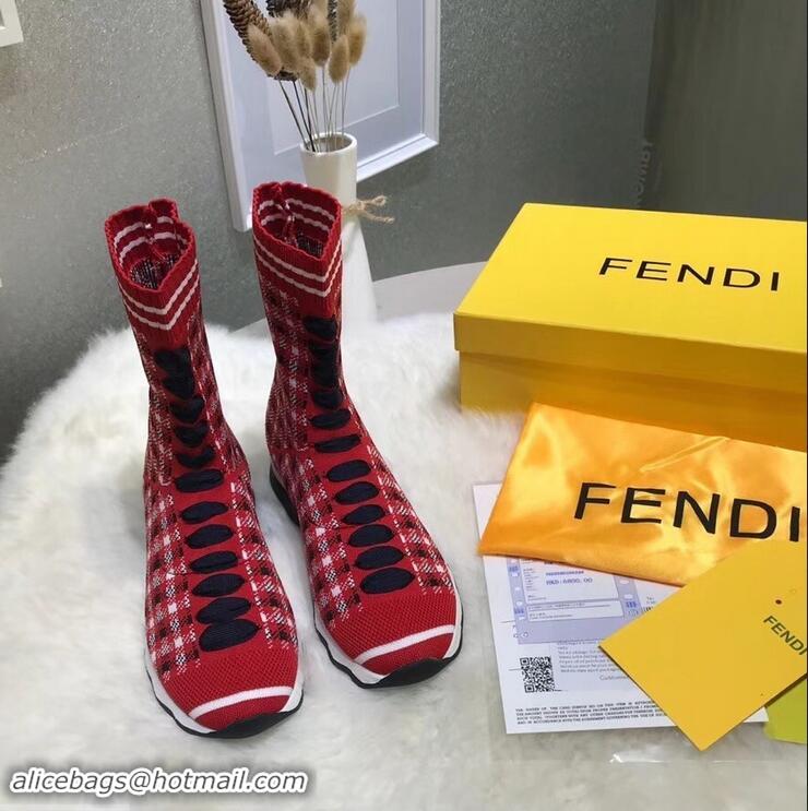 Fashion Show Collection Fendi Multicolour Fabric Sneakers Boots F80201 Grid Red