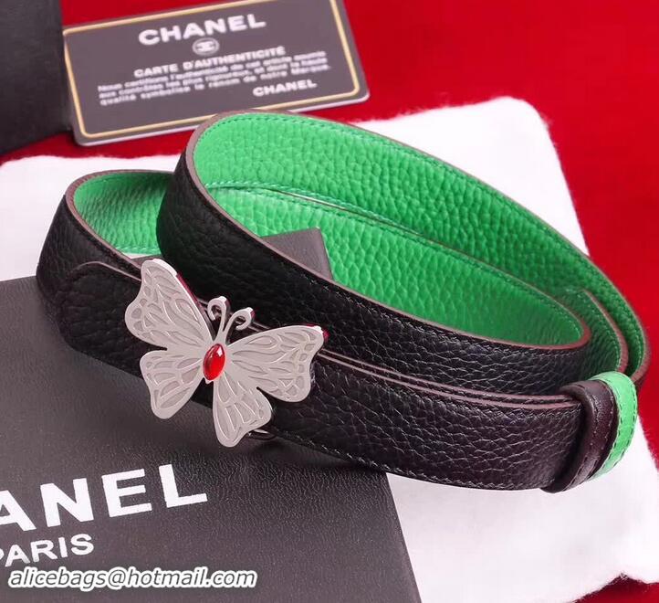 Discounts Chanel Grained Leather Butterfly Trim Belt Black/Green 550165