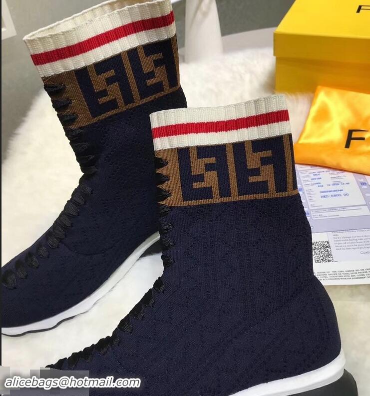 Wholesale Fendi Multicolour Fabric Sneakers Boots FF Logo F80202 Dark Blue