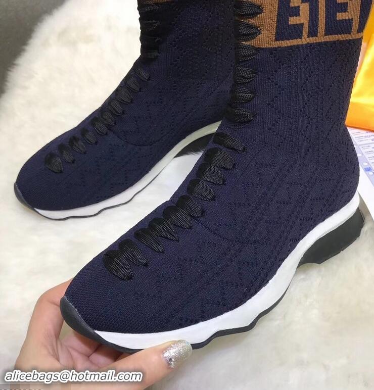 Wholesale Fendi Multicolour Fabric Sneakers Boots FF Logo F80202 Dark Blue