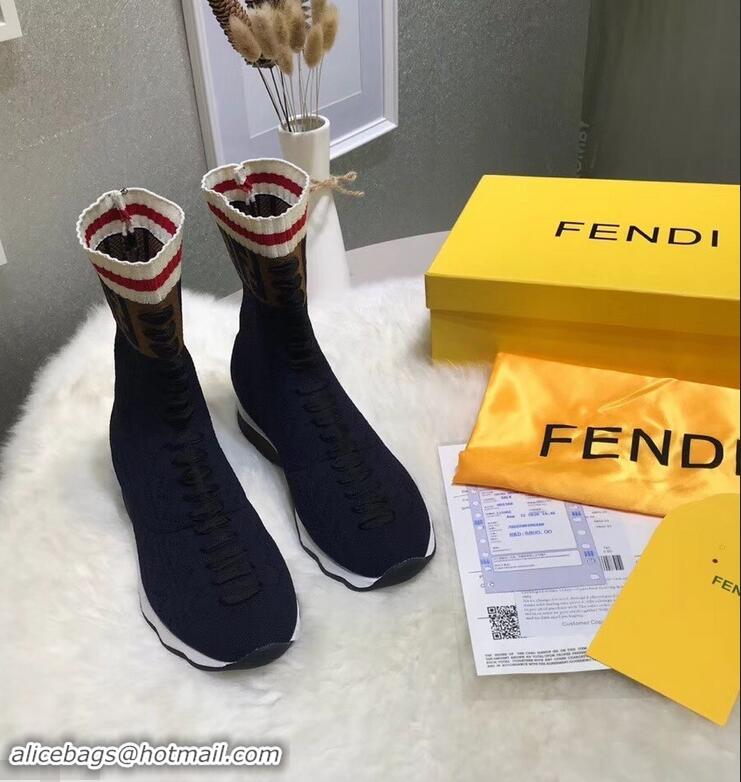 Wholesale Fendi Multicolour Fabric Sneakers Boots FF Logo F80202 Dark Blue