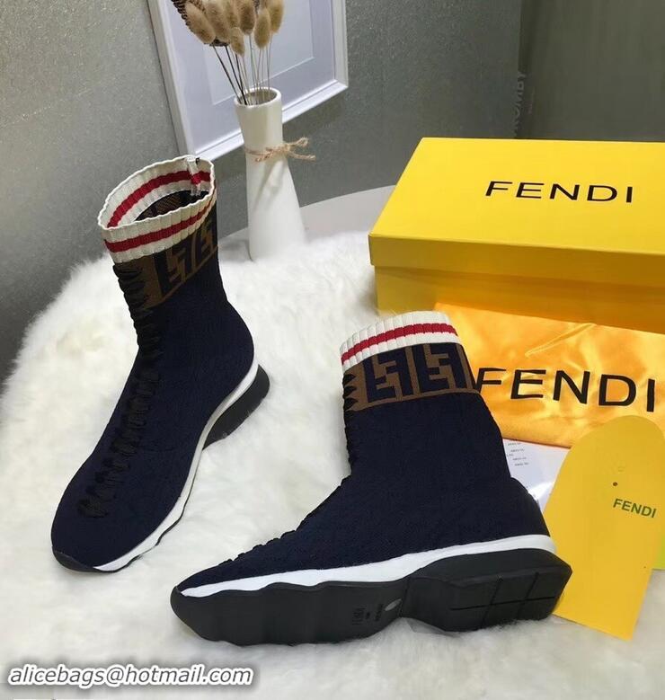 Wholesale Fendi Multicolour Fabric Sneakers Boots FF Logo F80202 Dark Blue