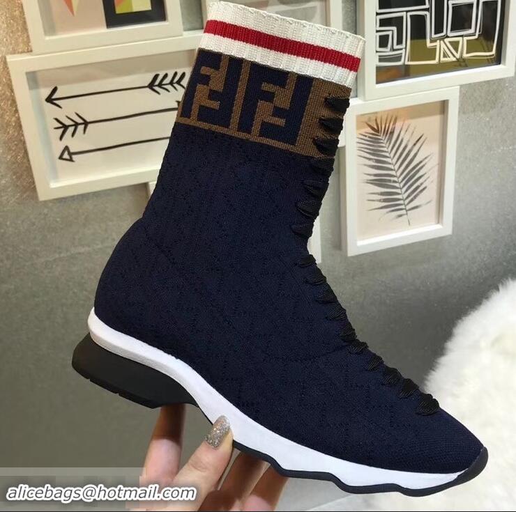 Wholesale Fendi Multicolour Fabric Sneakers Boots FF Logo F80202 Dark Blue