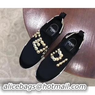 High Quality Fendi Studs Fabric Sneakers Logo F80060 Black/Gold