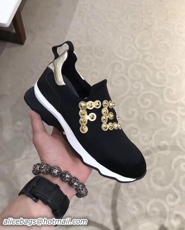 High Quality Fendi Studs Fabric Sneakers Logo F80060 Black/Gold