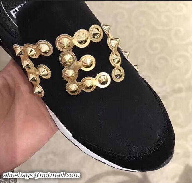 High Quality Fendi Studs Fabric Sneakers Logo F80060 Black/Gold