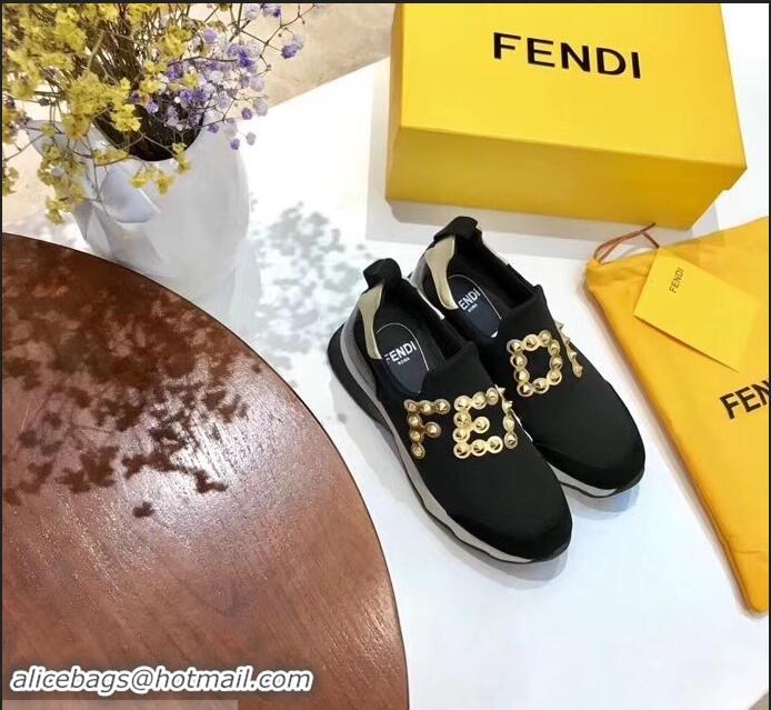 High Quality Fendi Studs Fabric Sneakers Logo F80060 Black/Gold