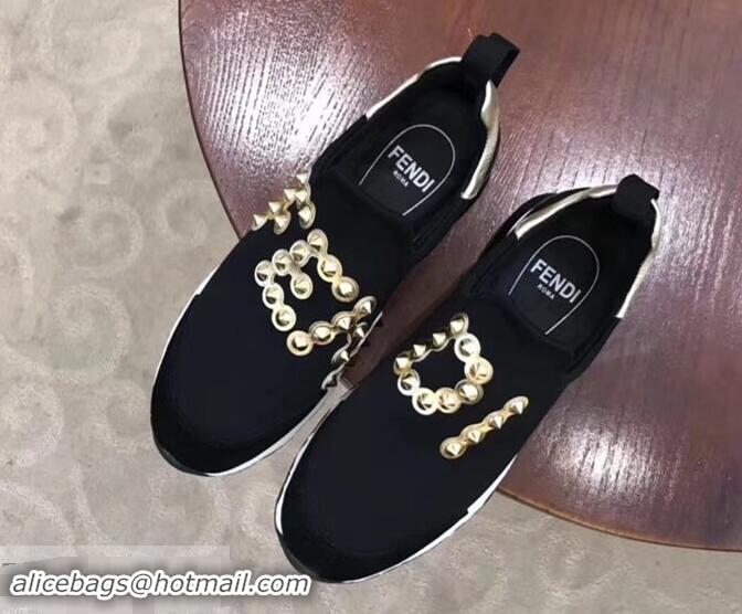 High Quality Fendi Studs Fabric Sneakers Logo F80060 Black/Gold