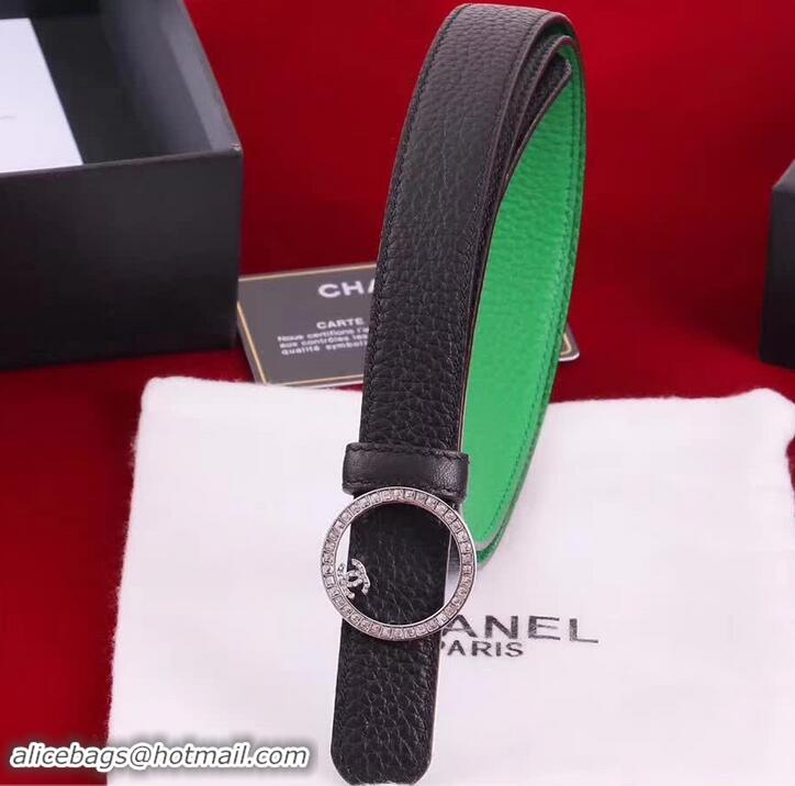 Imitation Chanel Grained Leather Crystal Buckle Belt Green/Black 550166