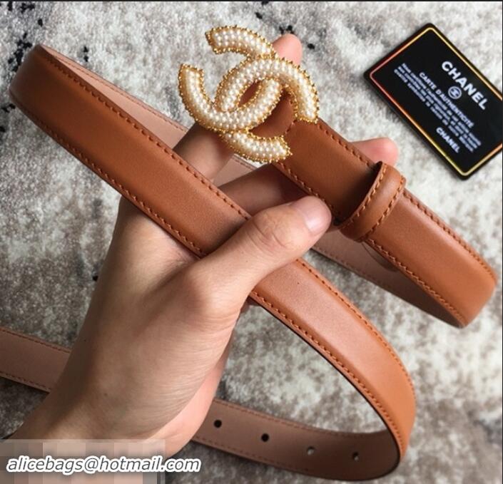 Good Quality Chanel CC Pearls Belt 25mm Width 550174 Caramel