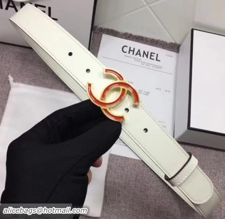 Cheap Chanel Calf Leather Belt with Red Buckle 30mm Width White 550175