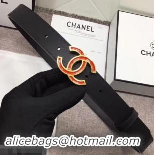 Good Quality Chanel Calf Leather Belt with Red Buckle 30mm Width 550175 Black