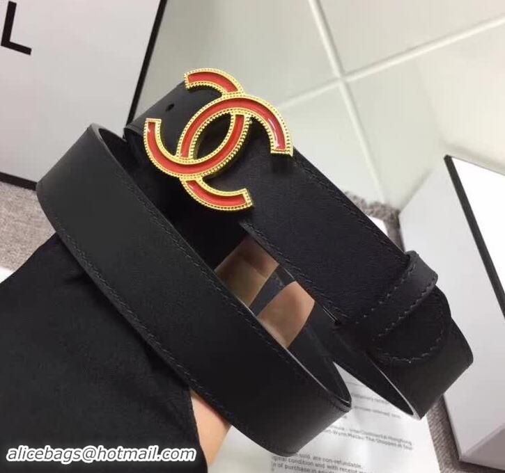 Good Quality Chanel Calf Leather Belt with Red Buckle 30mm Width 550175 Black