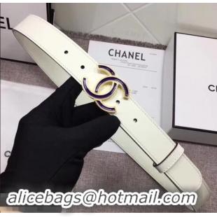 Grade Quality Chanel Calf Leather Belt with Blue Buckle 30mm Width 550176 White