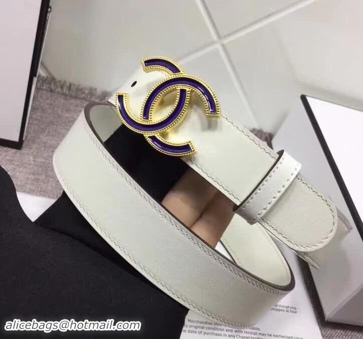 Grade Quality Chanel Calf Leather Belt with Blue Buckle 30mm Width 550176 White