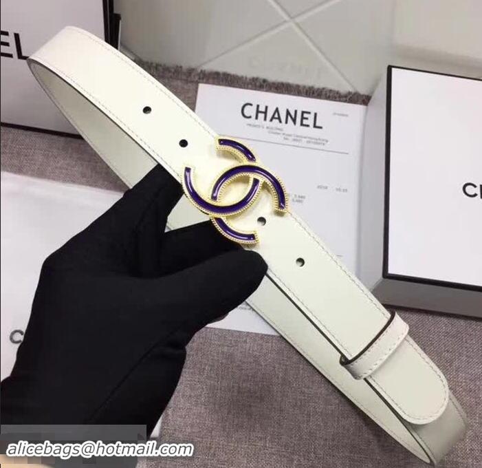 Grade Quality Chanel Calf Leather Belt with Blue Buckle 30mm Width 550176 White