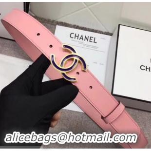 New Design Chanel Calf Leather Belt with Blue Buckle 30mm Width 550176 Pink