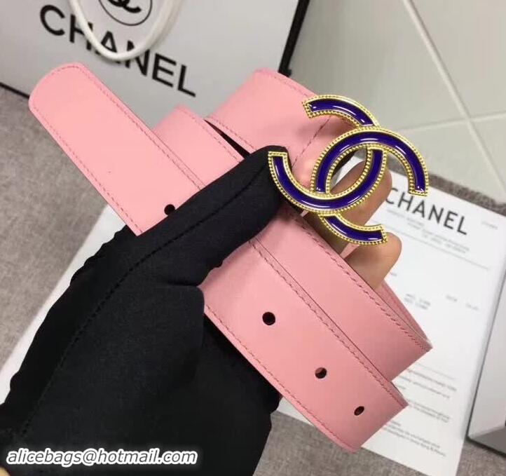 New Design Chanel Calf Leather Belt with Blue Buckle 30mm Width 550176 Pink