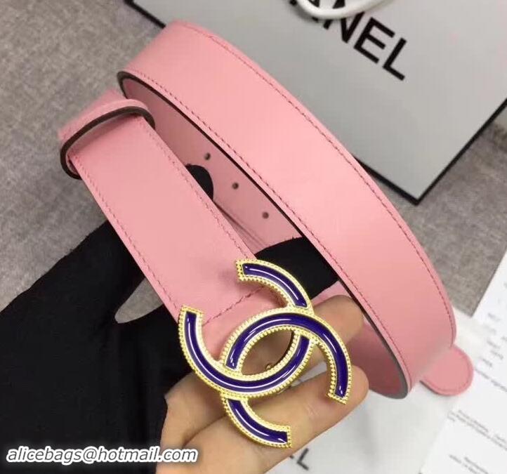 New Design Chanel Calf Leather Belt with Blue Buckle 30mm Width 550176 Pink